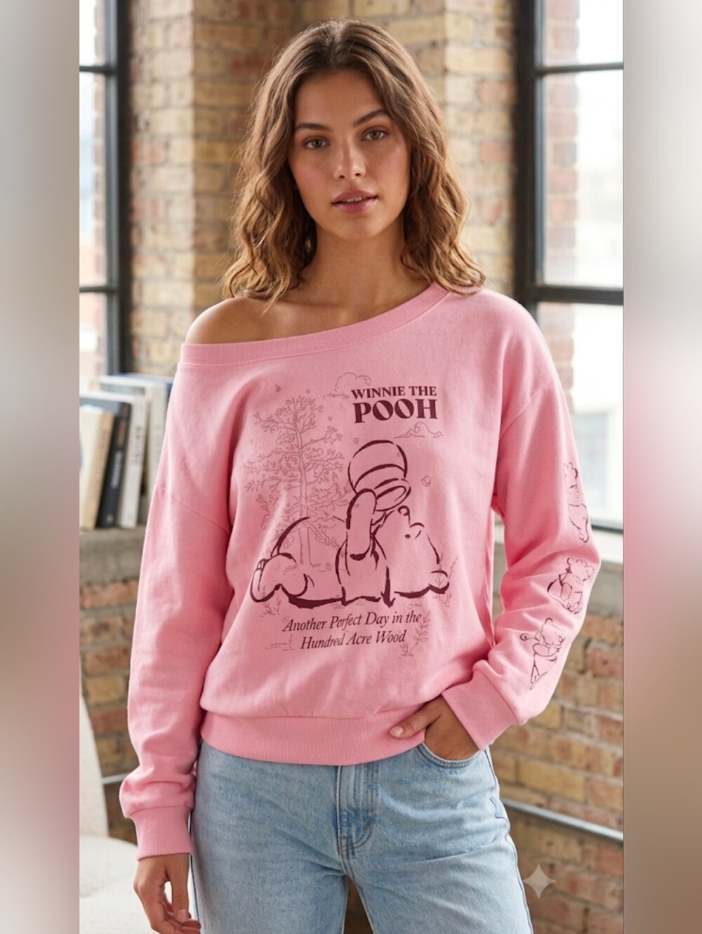 Disney Pink Winnie the Pooh Off-the-Shoulder Sweatshirt Oversized